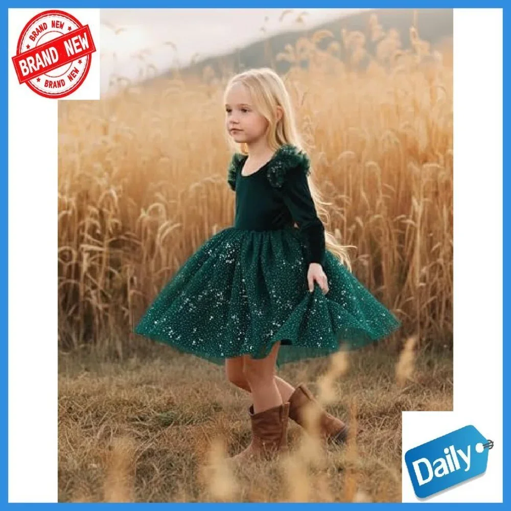 Velvet Tulle Sequin Tutu Dress Long Sleeve A-Line Kids Holiday Party